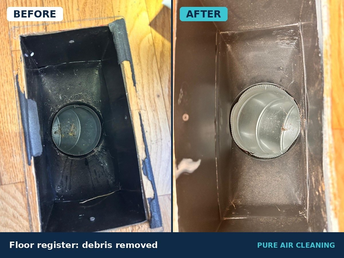 Before and after: floor register with debris, then cleaned