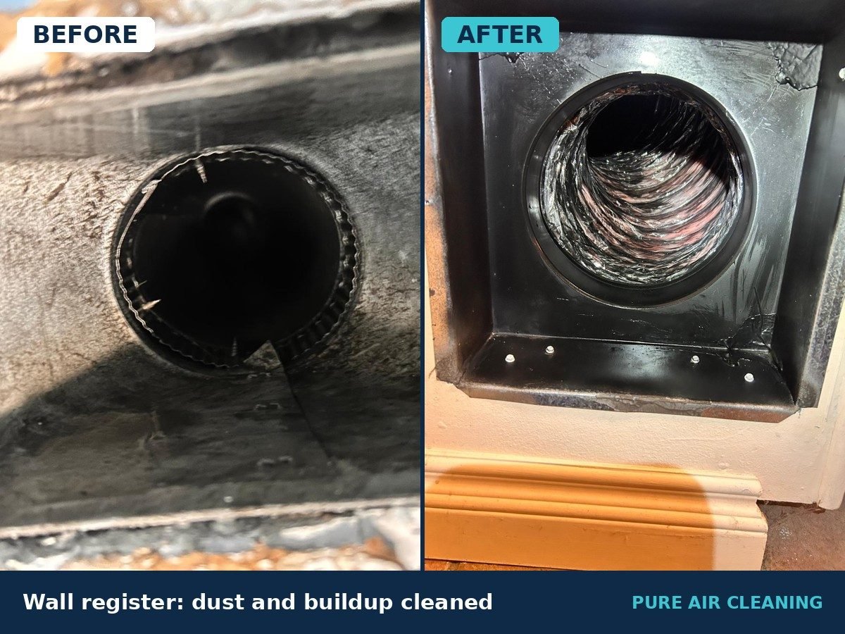 Before and after: wall register with buildup, then cleaned